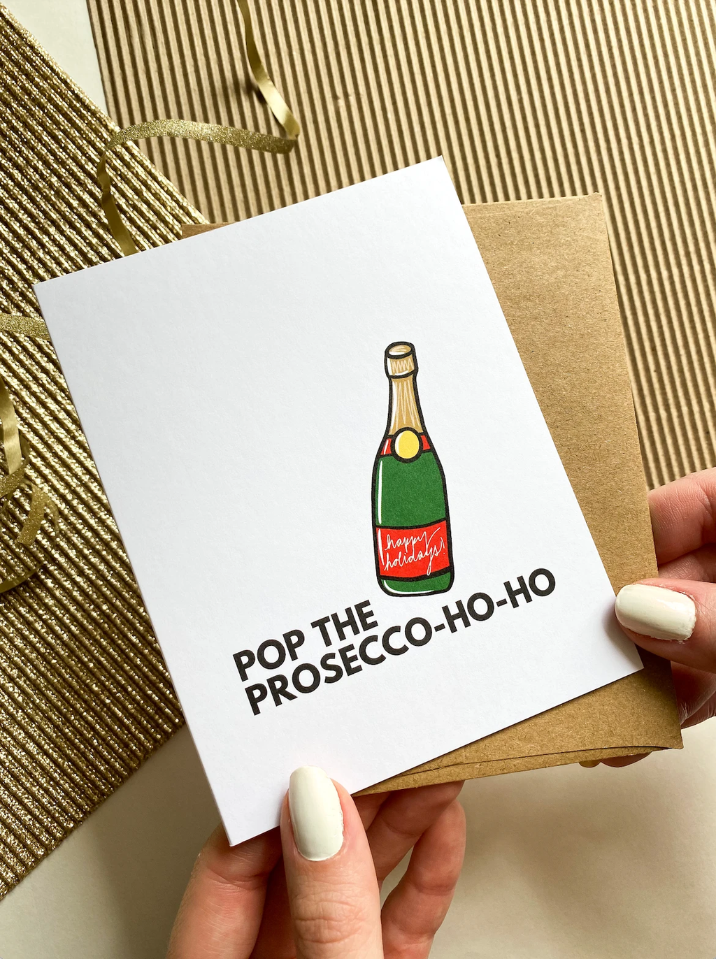 Pop the Prosecco-ho-ho Funny HolidayCard by Five Dot Post