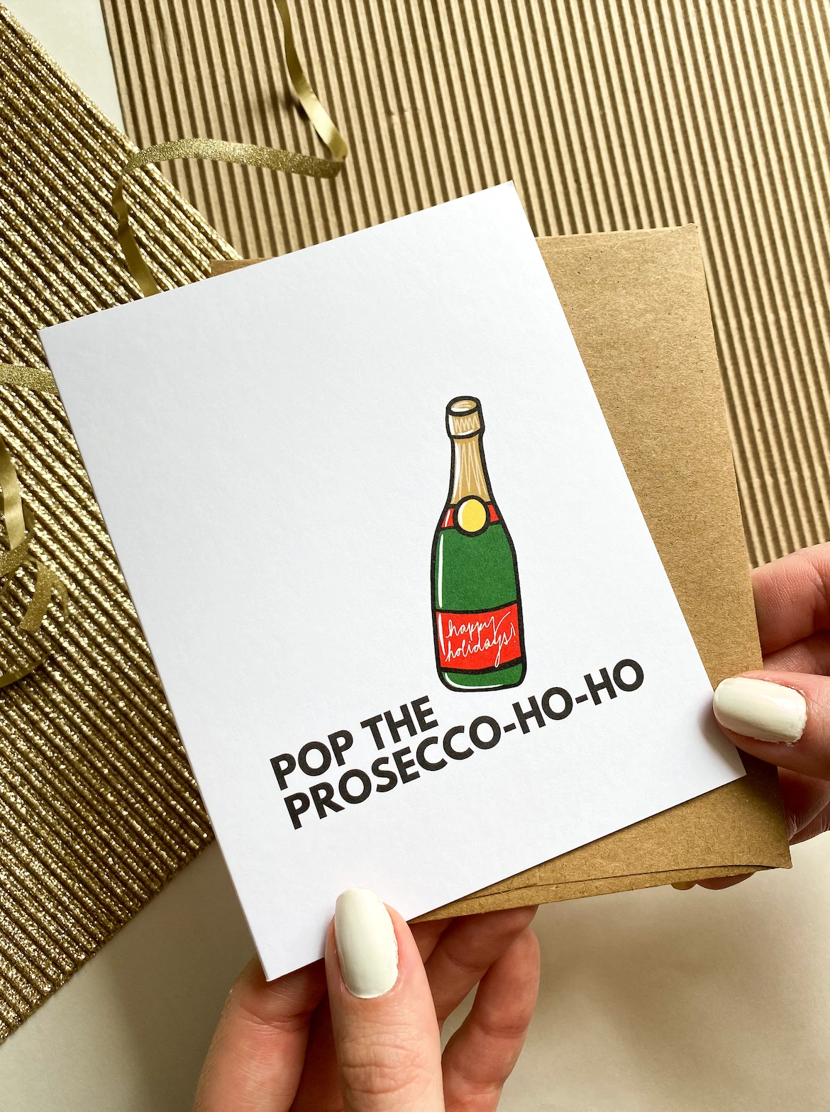 Pop the Prosecco-ho-ho Funny HolidayCard by Five Dot Post