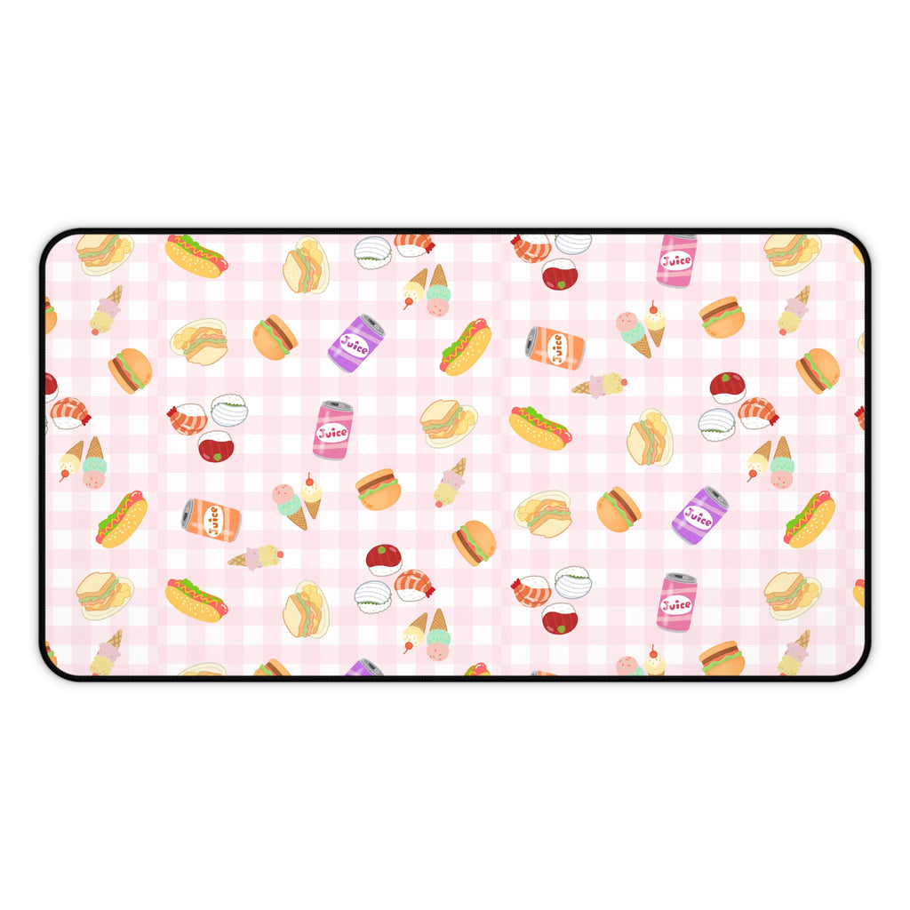 Pink gingham Foodie Picnic Snacks Desk Mat, Cute Food Pattern, light plaid Background