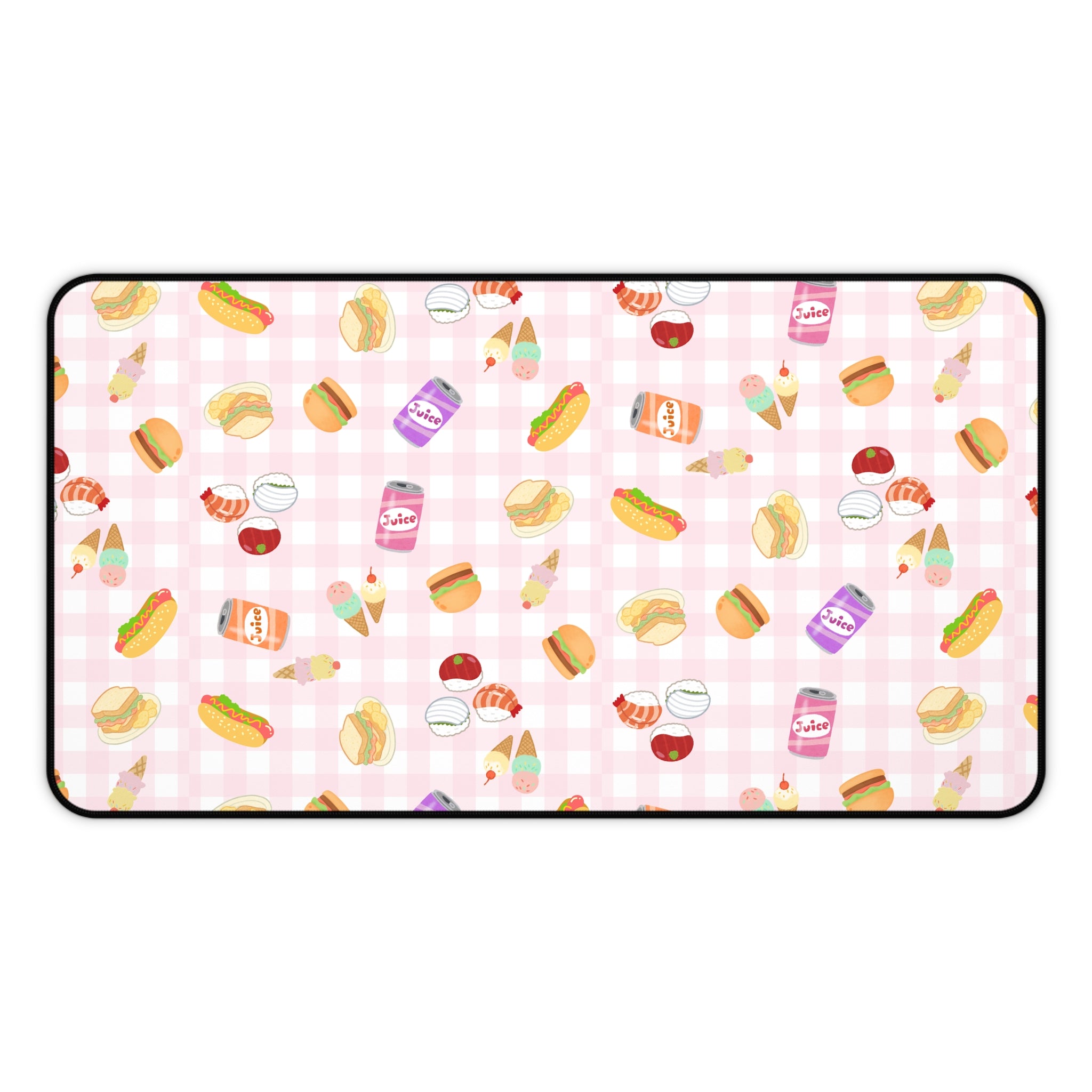 Pink gingham Foodie Picnic Snacks Desk Mat, Cute Food Pattern, light plaid Background