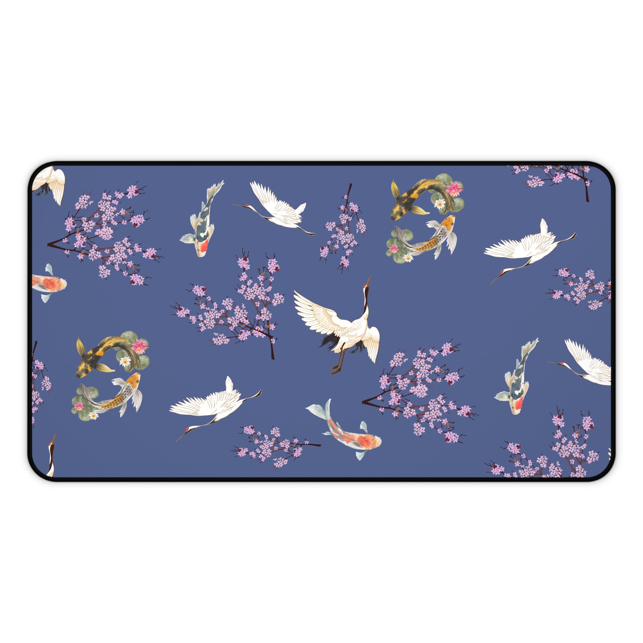 Elegant Cranes, Koi fish, and Cherry Blossom Desk Mat, Blue Floral Desk Pad