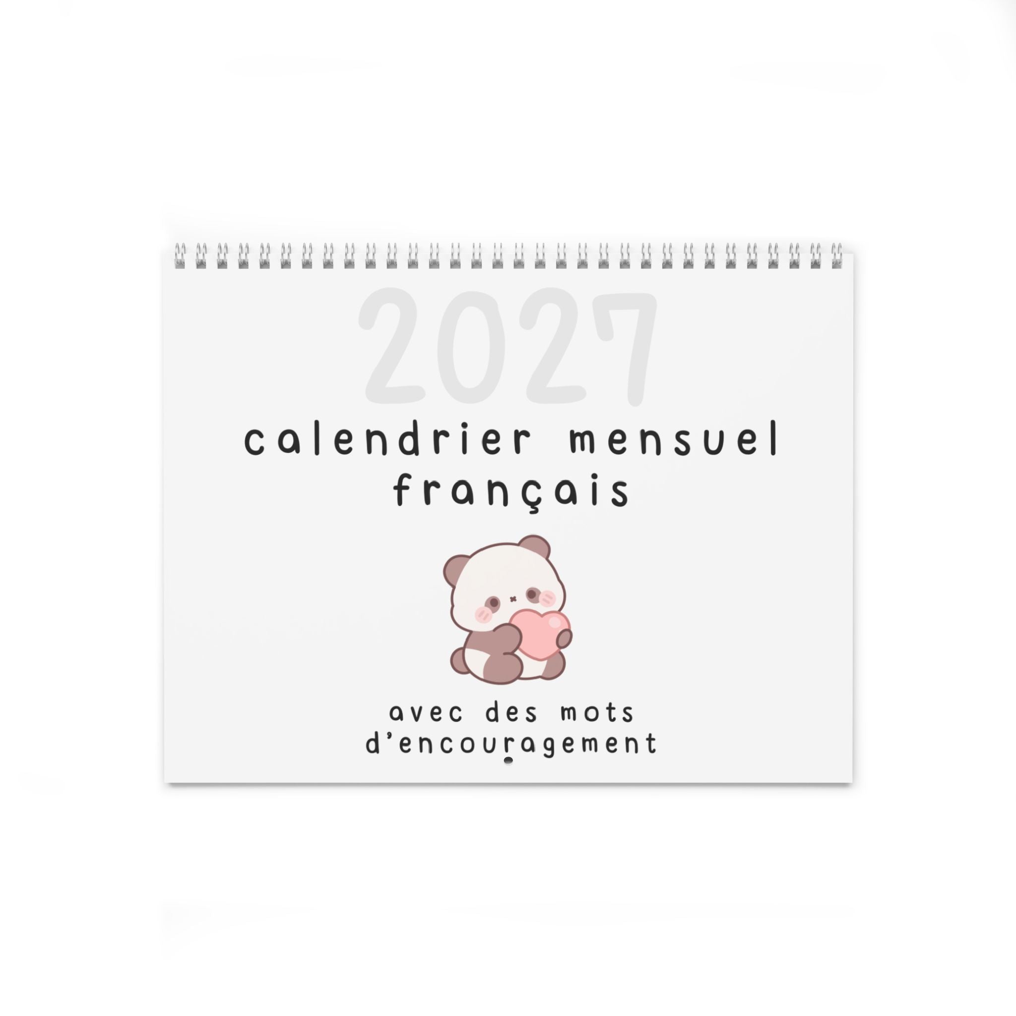 French motivational phrases kawaii Monthly Wall Calendar 2027, Cute Encouragement Calendar