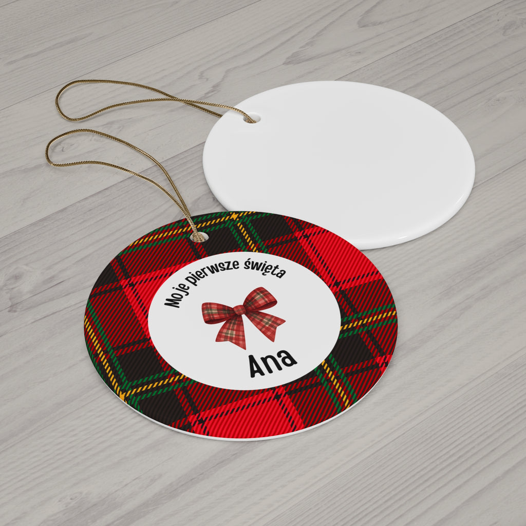 Moje pierwsze święta Polish Personalized Ceramic Ornament - Red Tartan, Baby's First Christmas