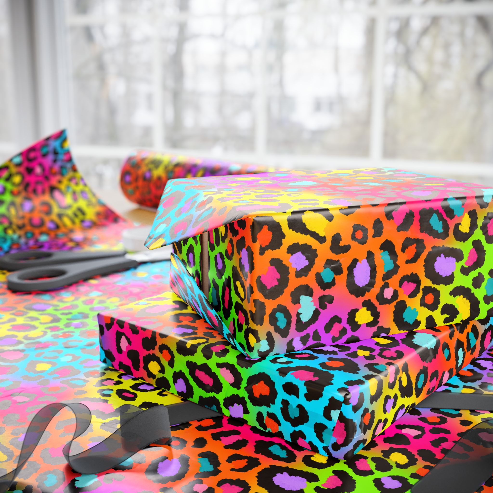 Bespattered Facade Rainbow Leopard Wrapping Paper | Three Sizes | Glossy or Matte