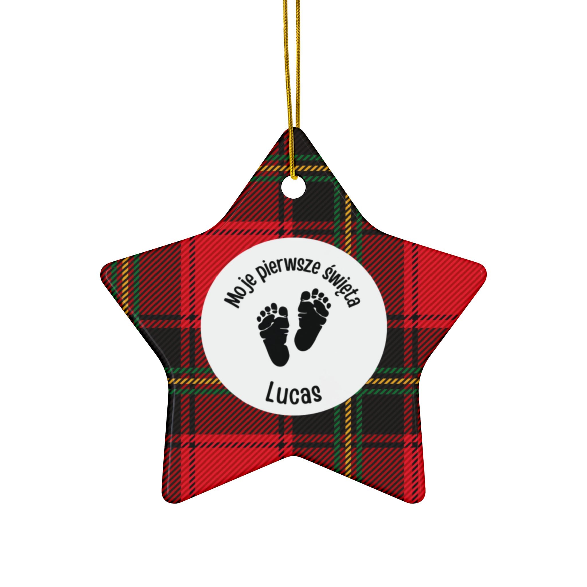 Moje pierwsze święta - Personalized Baby’s First Christmas Ceramic Ornament — Red Tartan Double-Sided