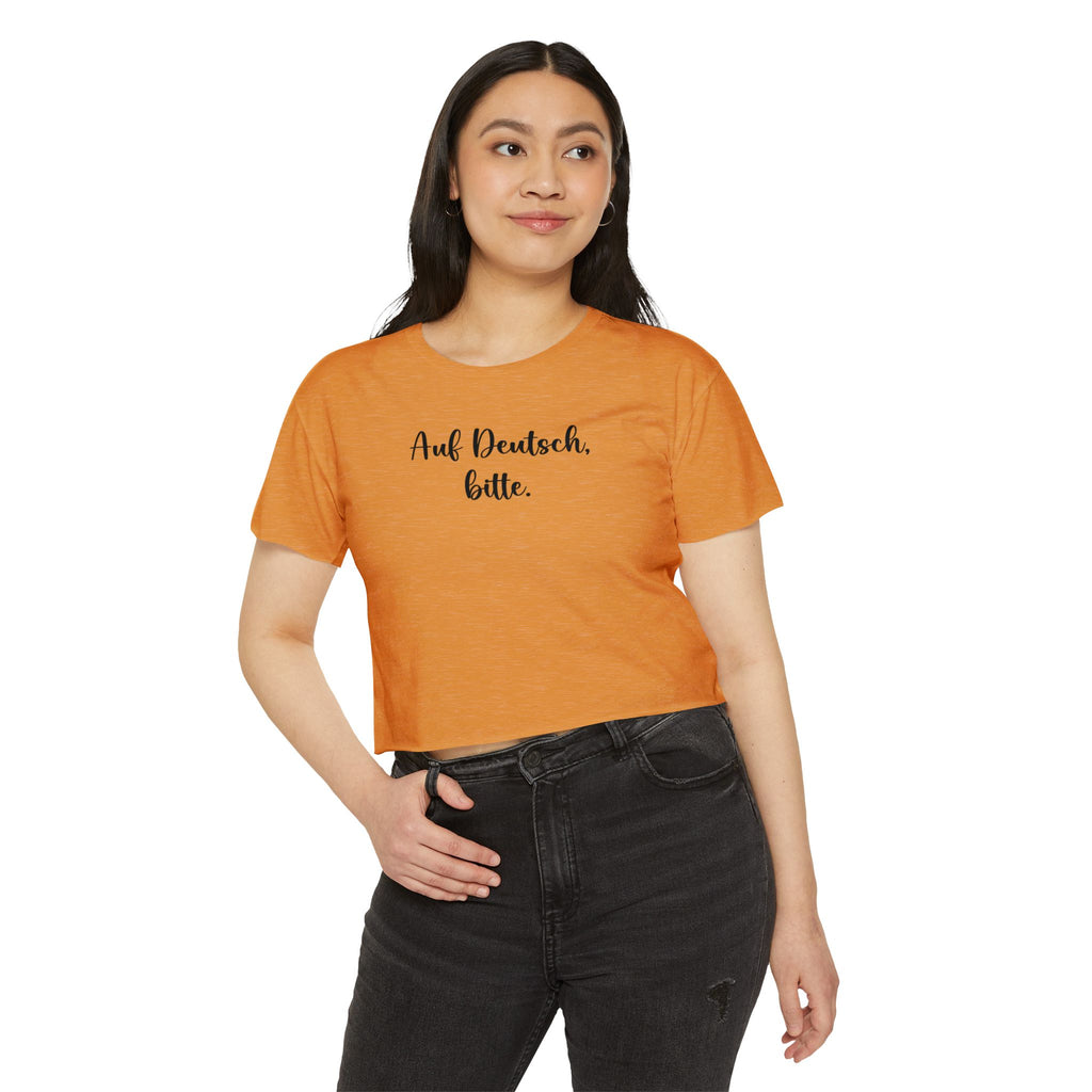 Auf Deutsch, bitte script crop top, German phrase tee, minimalist typography