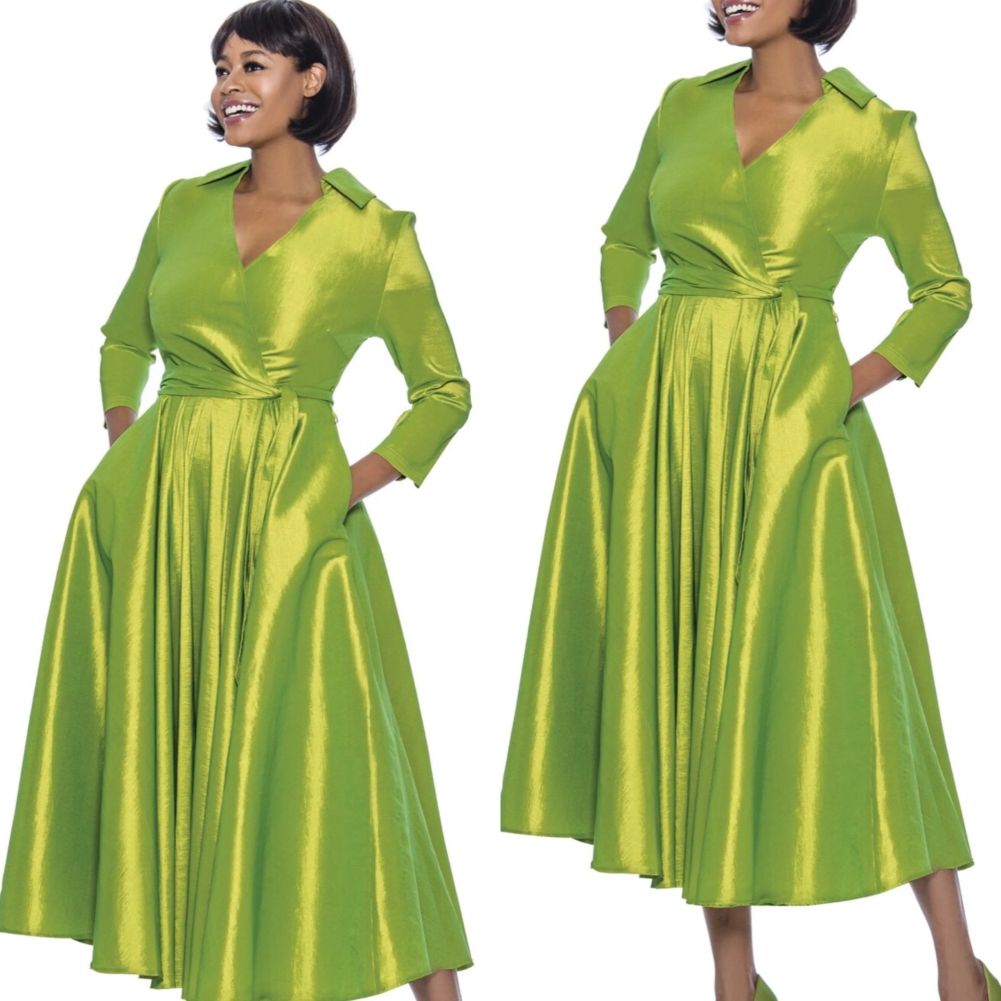 Green Classic Style Faux Wrap Dress by Social Butterfly Collection