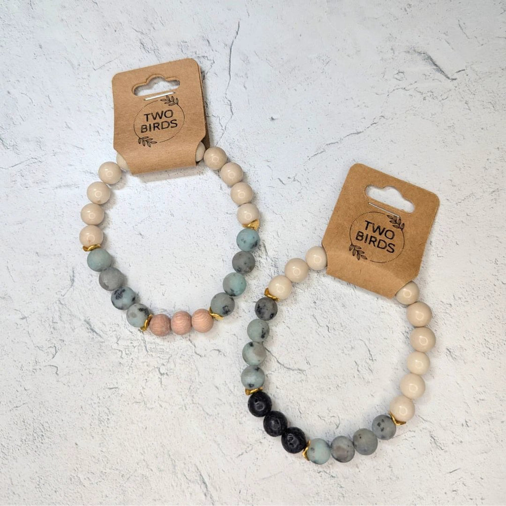 Gemstone Diffuser Bracelet - Fossil Jasper + Kiwi Jasper + Lava Rock by Two Birds Eco Shop