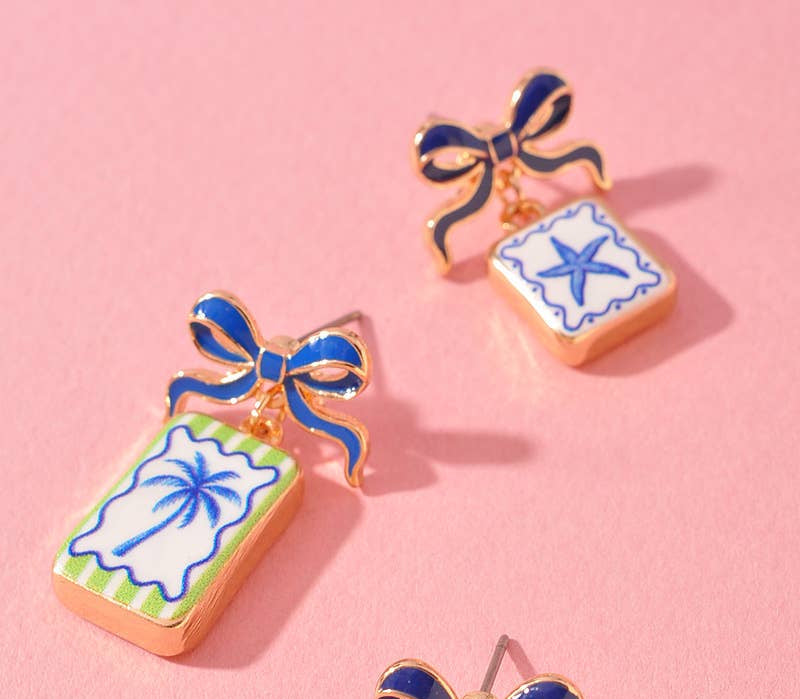 Bow Enamel Post Earrings - Starfish or Palm Tree