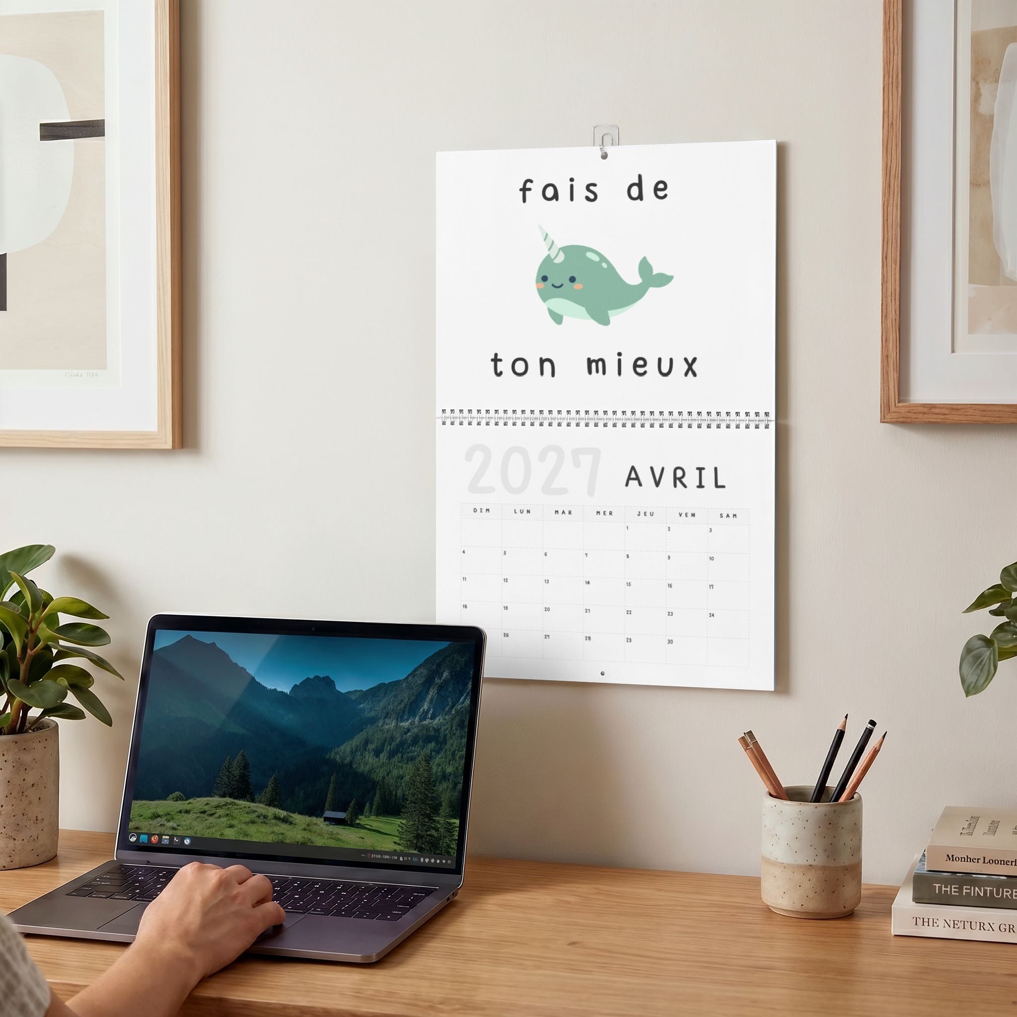 French motivational phrases kawaii Monthly Wall Calendar 2027, Cute Encouragement Calendar