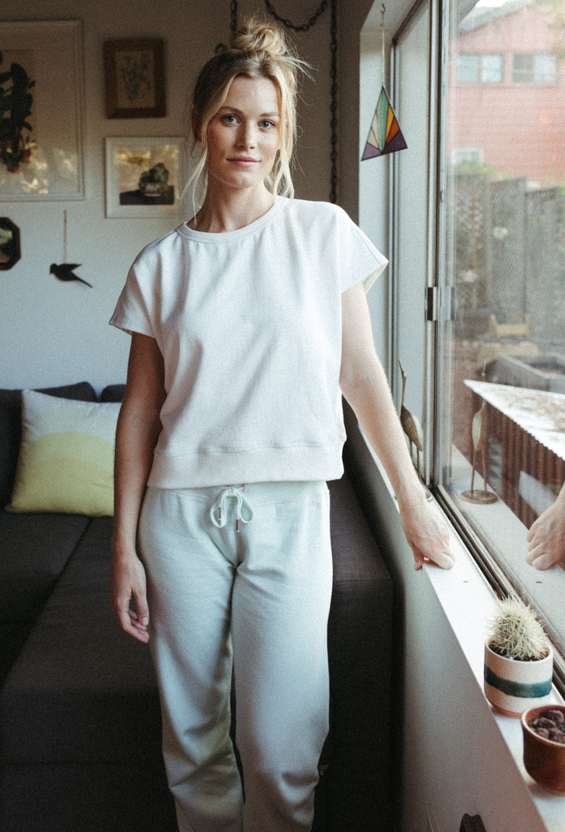 Organic Cotton Terry Bateau Top - Natural with Marine Green Stitching