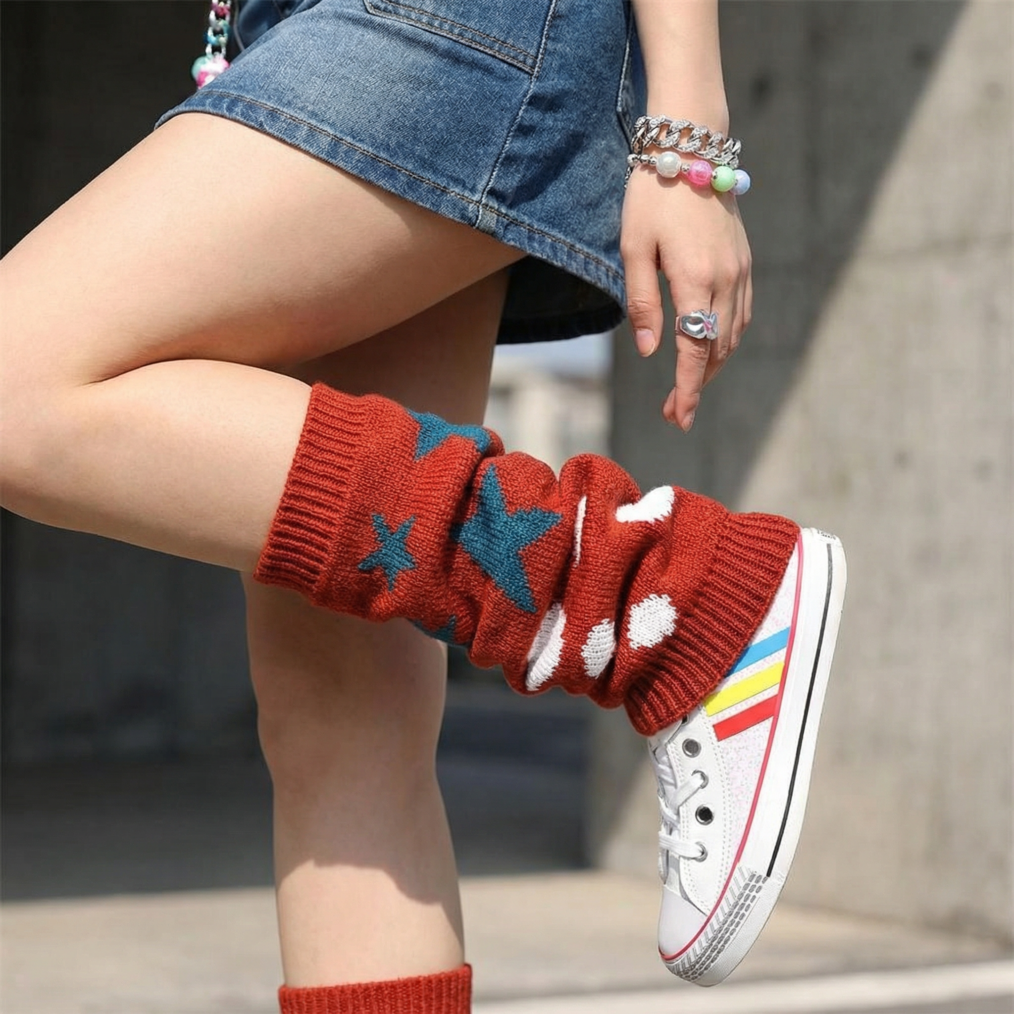 '80s Retro Red Varsity Short Leg Warmers | Stars and Polka Dots Print