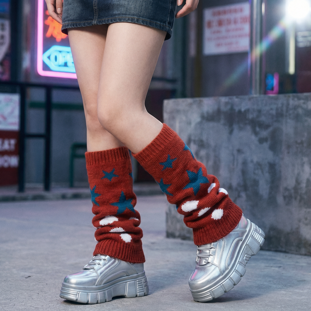 '80s Retro Red Varsity Short Leg Warmers | Stars and Polka Dots Print
