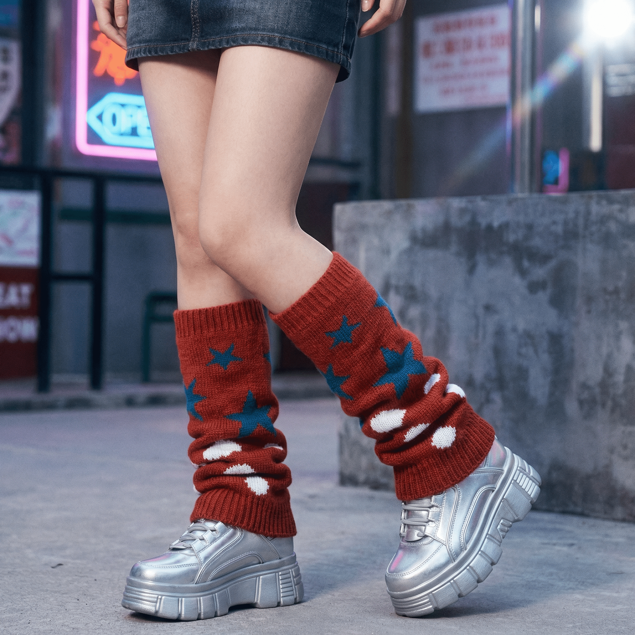 '80s Retro Red Varsity Short Leg Warmers | Stars and Polka Dots Print Apparel La Vie Bien '80s Retro Red Varsity Short Leg Warmers | Stars and Polka Dots Print