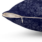 Joyeux Noël dark blue Holiday Throw Pillow, Festive Winter Village Décor with snowflake print and cozy winter theme