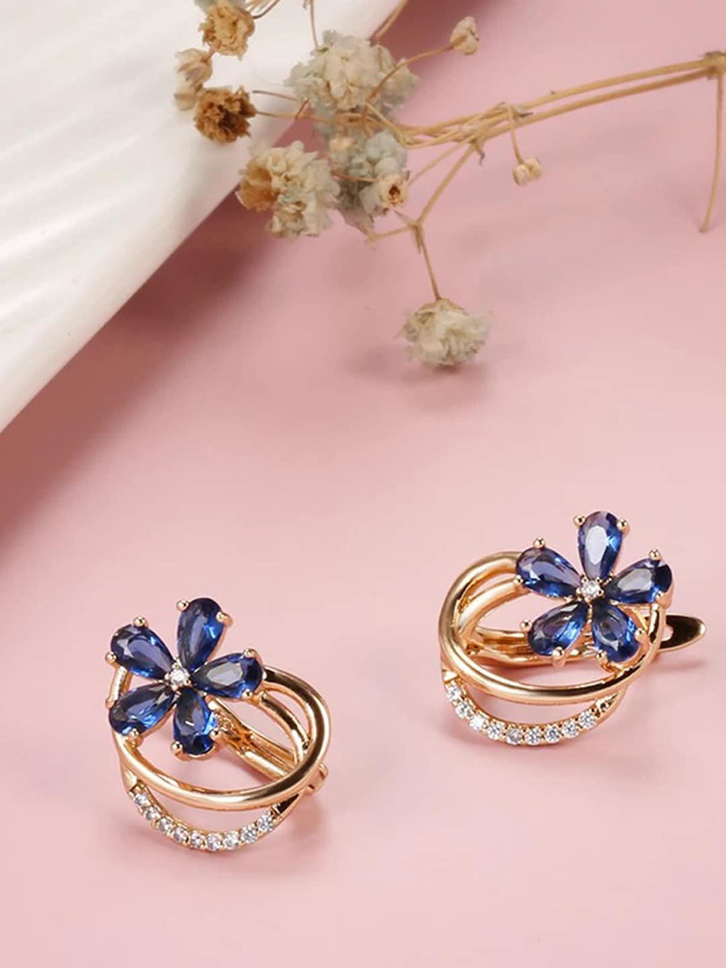 Shining Diva Rose Gold-Polished Blue Floral Studs Earrings