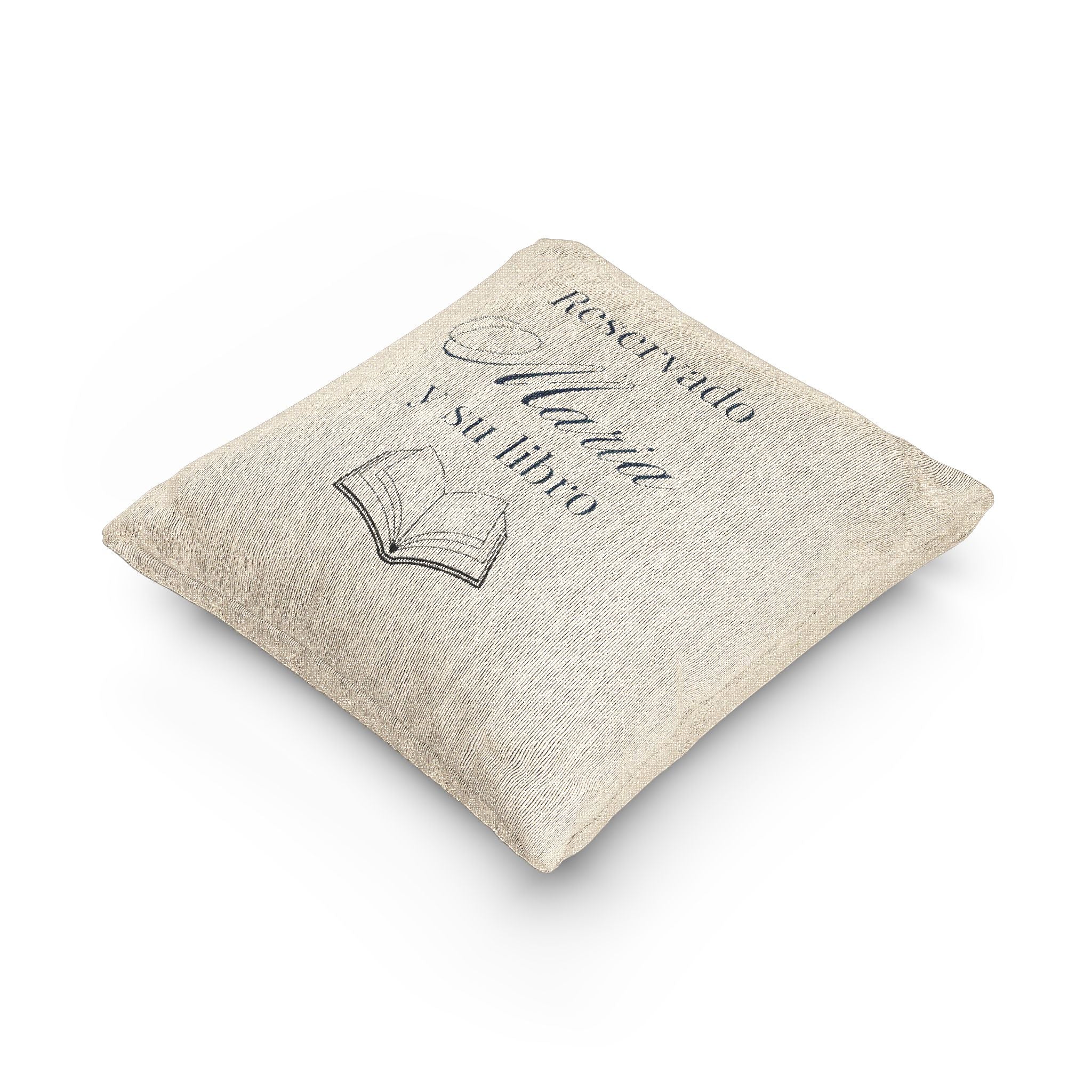 Reservado (nombre) y su libro Spanish Woven Pillow gift, Custom Name gift for Book lovers