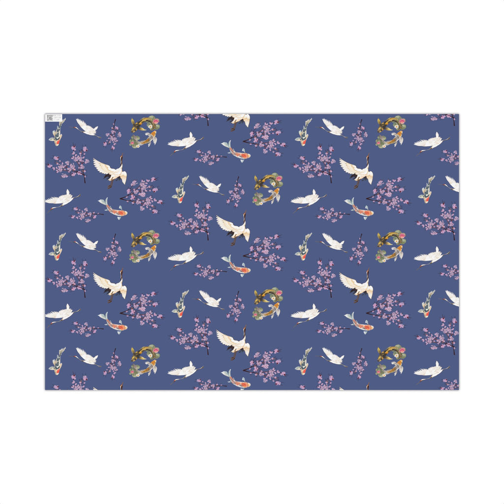 Elegant Koi Fish Cherry Blossom Gift Wrap, indigo Blue Wrapping Paper, Crane Pattern