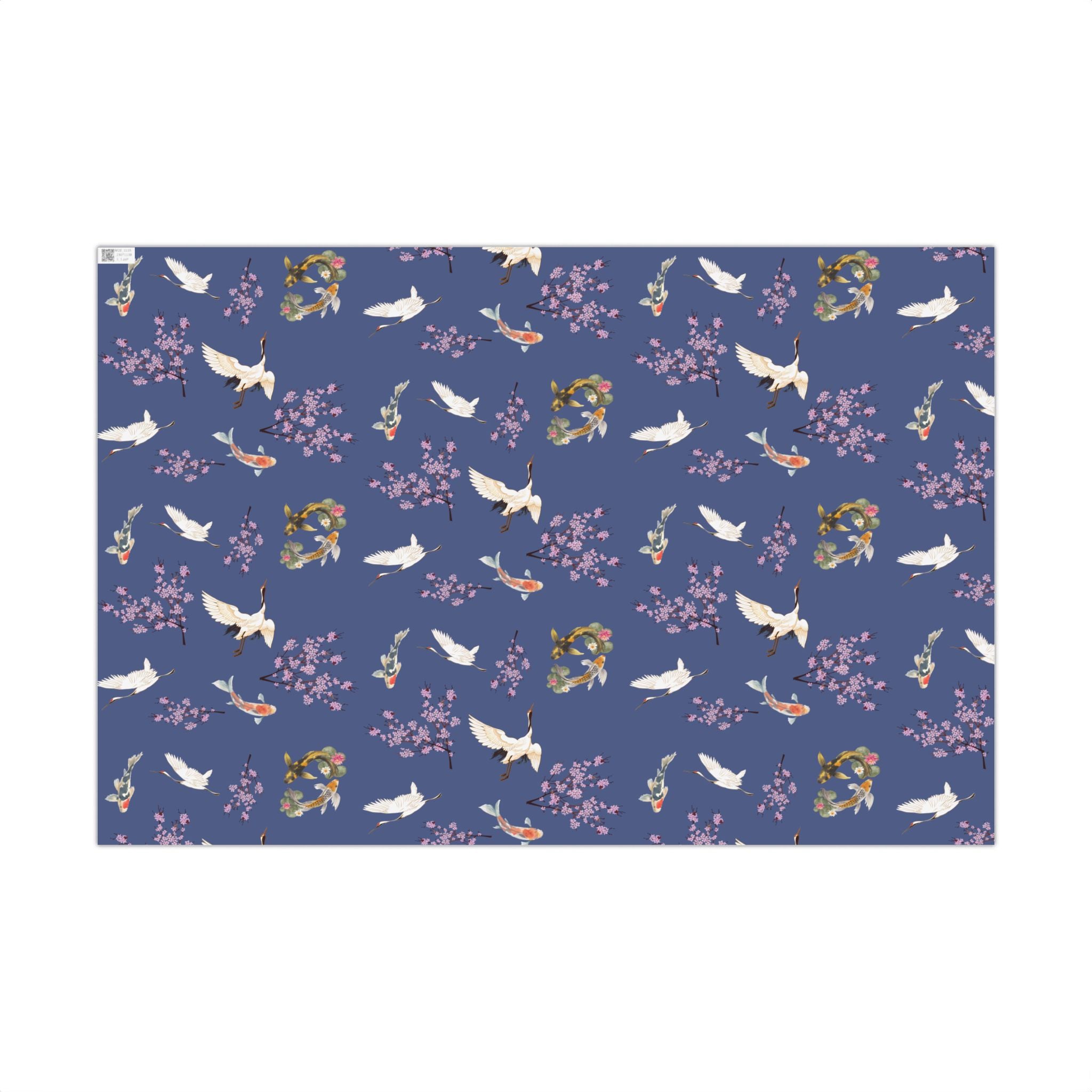 Elegant Koi Fish Cherry Blossom Gift Wrap, indigo Blue Wrapping Paper, Crane Pattern