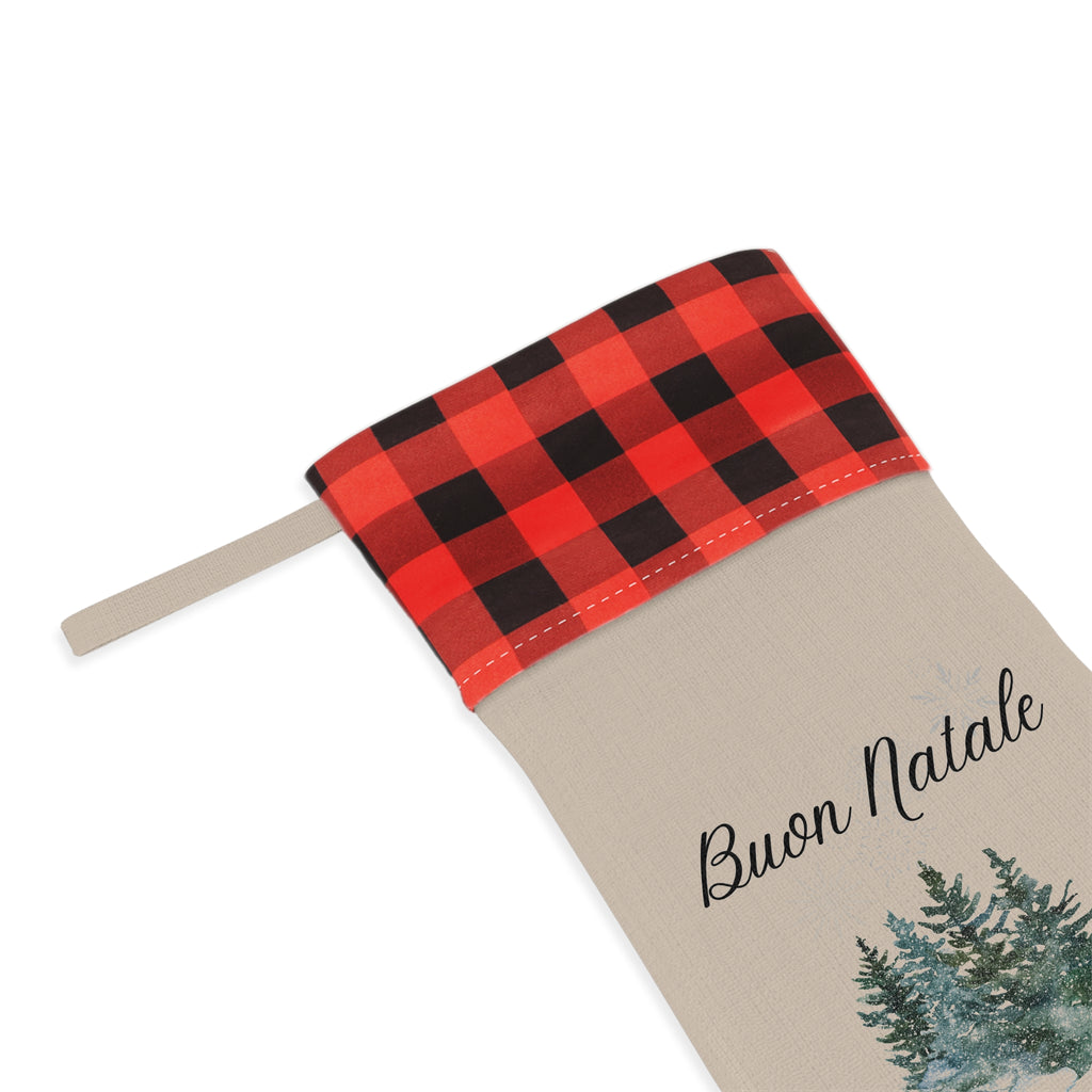 Buon Natale Italian Merry Christmas Pine Trees Christmas Stocking, Plaid Cuff, Holiday Stocking