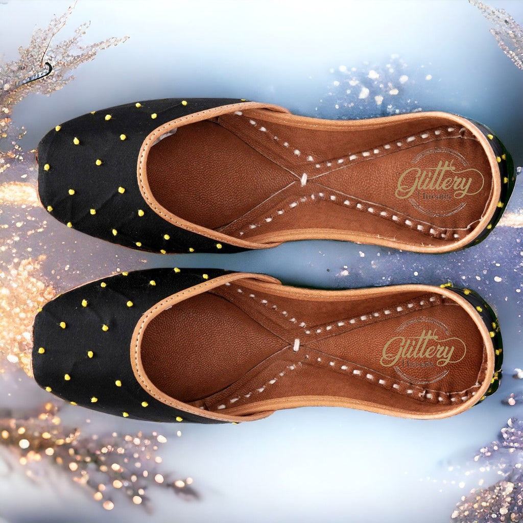 Black Ethnic Punjabi Leather Jutti with Mini Pompom Thread Work | Women's Traditional Wear Mojari | Women Khussa Shoes | Indian Ballet Flats