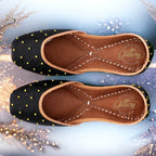 Black Ethnic Punjabi Leather Jutti with Mini Pompom Thread Work | Women's Traditional Wear Mojari | Women Khussa Shoes | Indian Ballet Flats