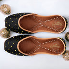 Black Ethnic Punjabi Leather Jutti with Mini Pompom Thread Work | Women's Traditional Wear Mojari | Women Khussa Shoes | Indian Ballet Flats