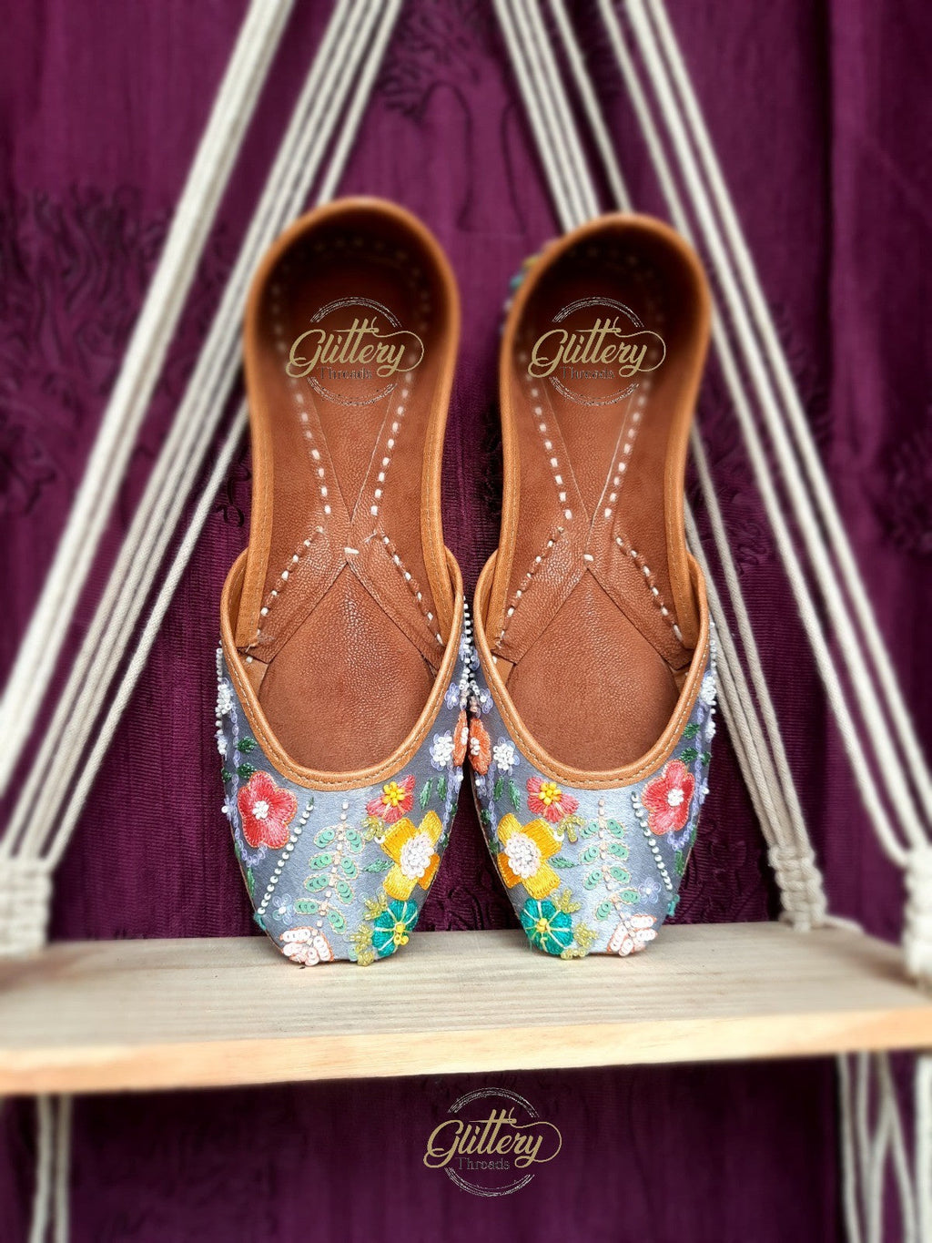 Grey Ethnic Punjabi Leather Jutti with Thread Work | Women's Indian Traditional Shoe Mojari | Indian Ballet Flats