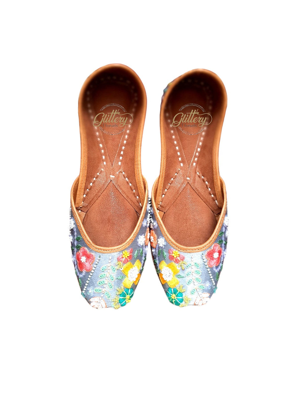Grey Ethnic Punjabi Leather Jutti with Thread Work | Women's Indian Traditional Shoe Mojari | Indian Ballet Flats