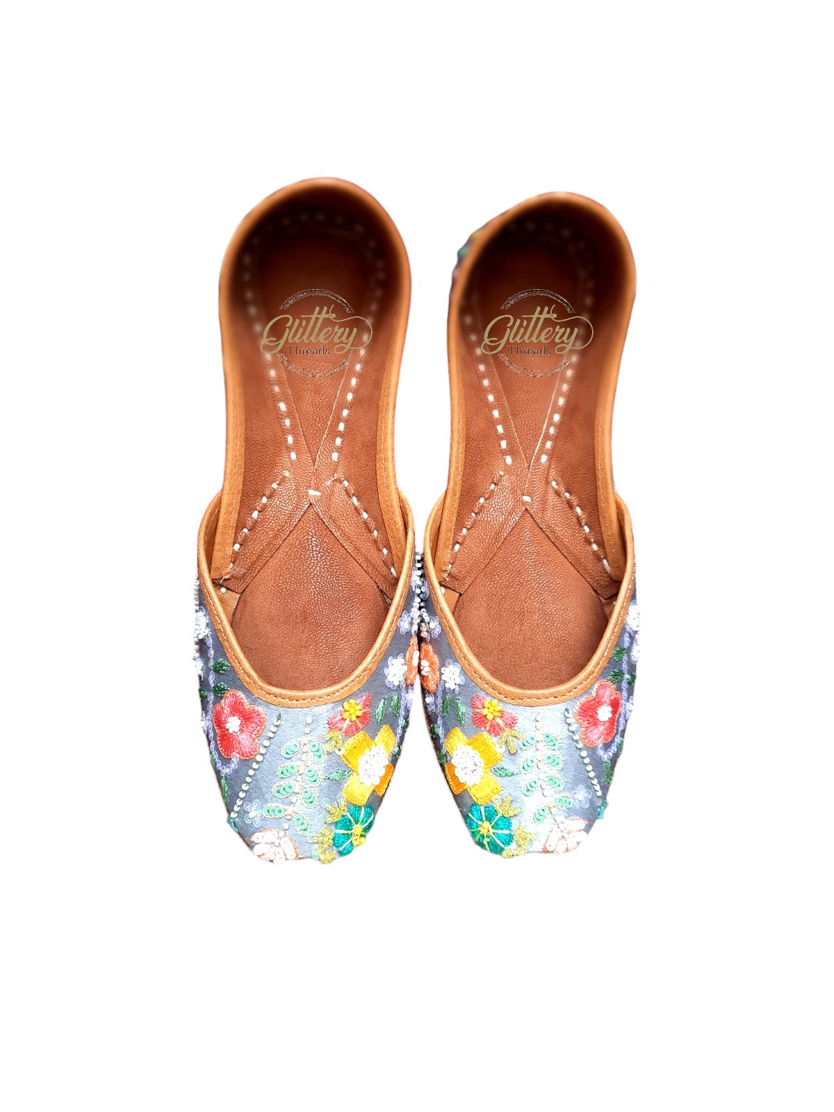 Grey Ethnic Punjabi Leather Jutti with Thread Work | Women's Indian Traditional Shoe Mojari | Indian Ballet Flats