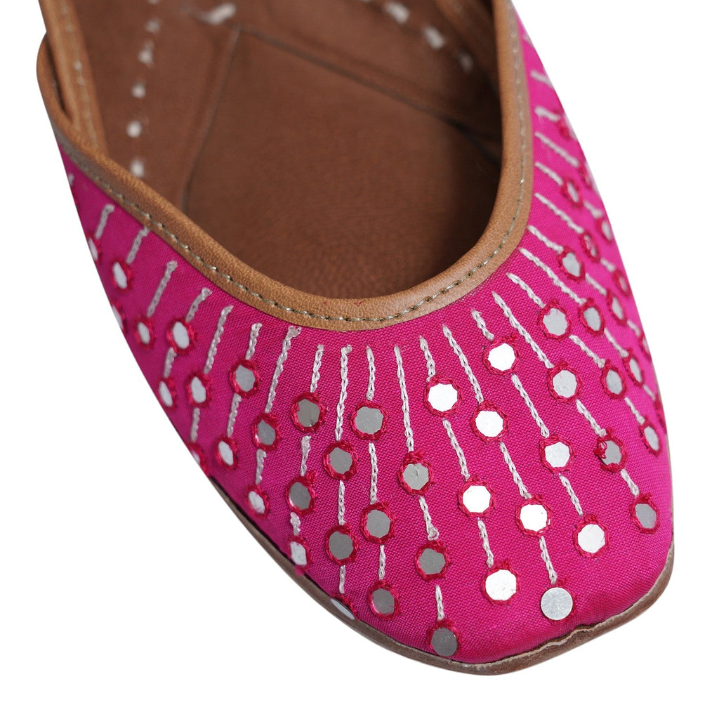Fuschia Color Ethnic Punjabi Leather Jutti with Foil Mirror Work | Women's Indian Traditional Wear Mojari | Women's Khussa Shoes | Indian Ballet Flats