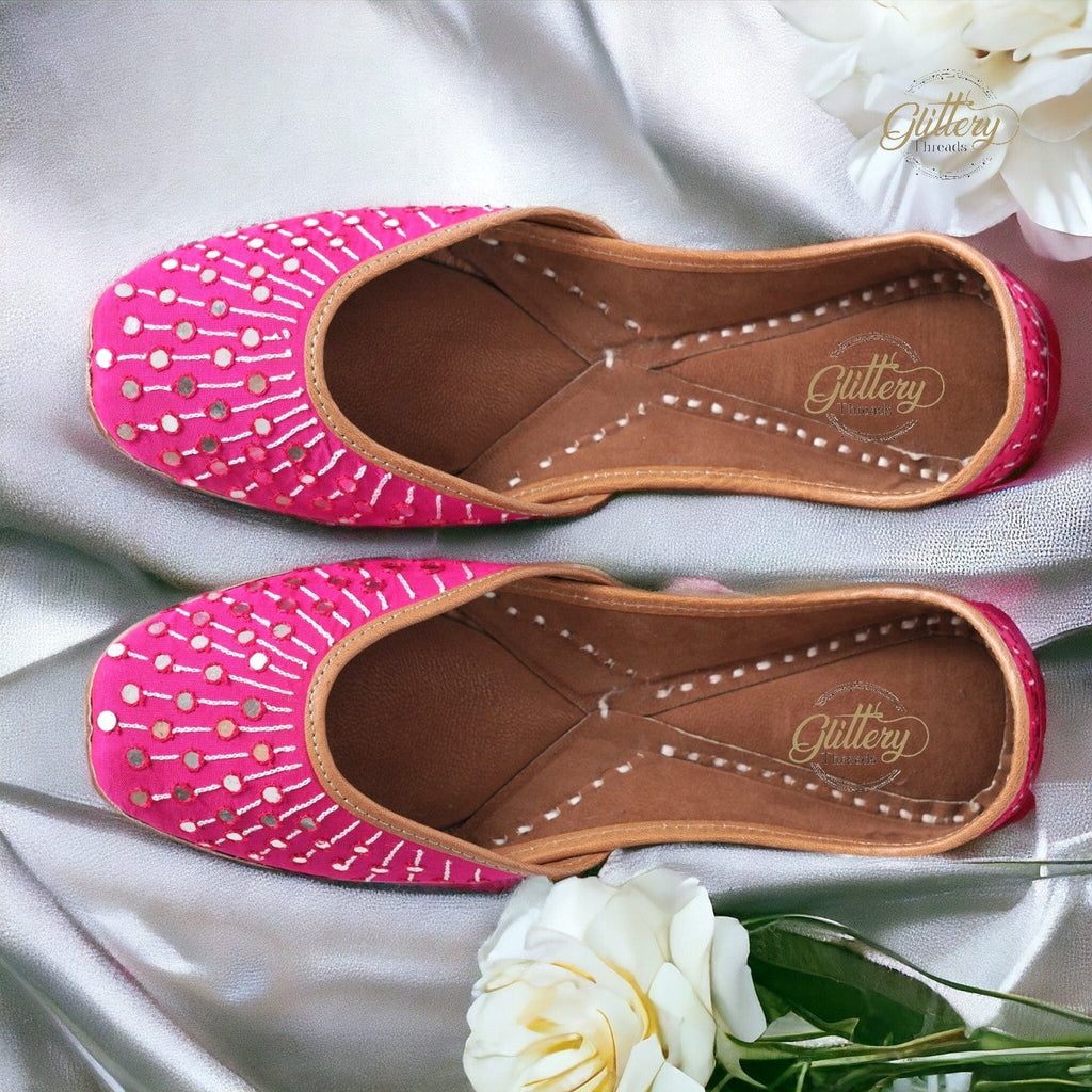 Fuschia Color Ethnic Punjabi Leather Jutti with Foil Mirror Work | Women's Indian Traditional Wear Mojari | Women's Khussa Shoes | Indian Ballet Flats
