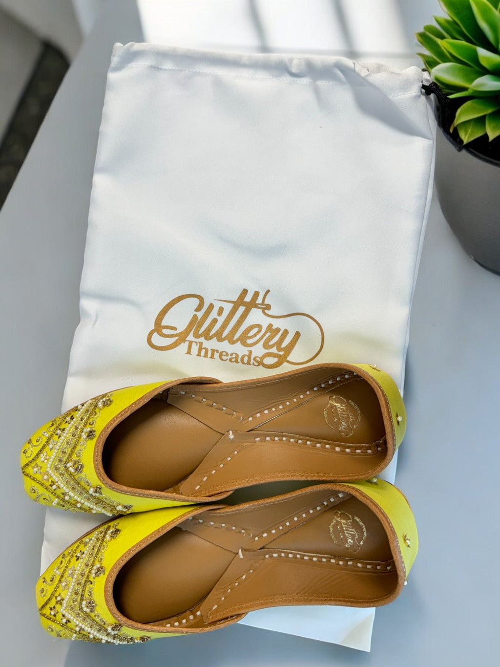 Yellow Leather Punjabi Jutti with Zardosi Work | Indian Mojari Shoes| Women's Khussa | Indian Ballet Flats
