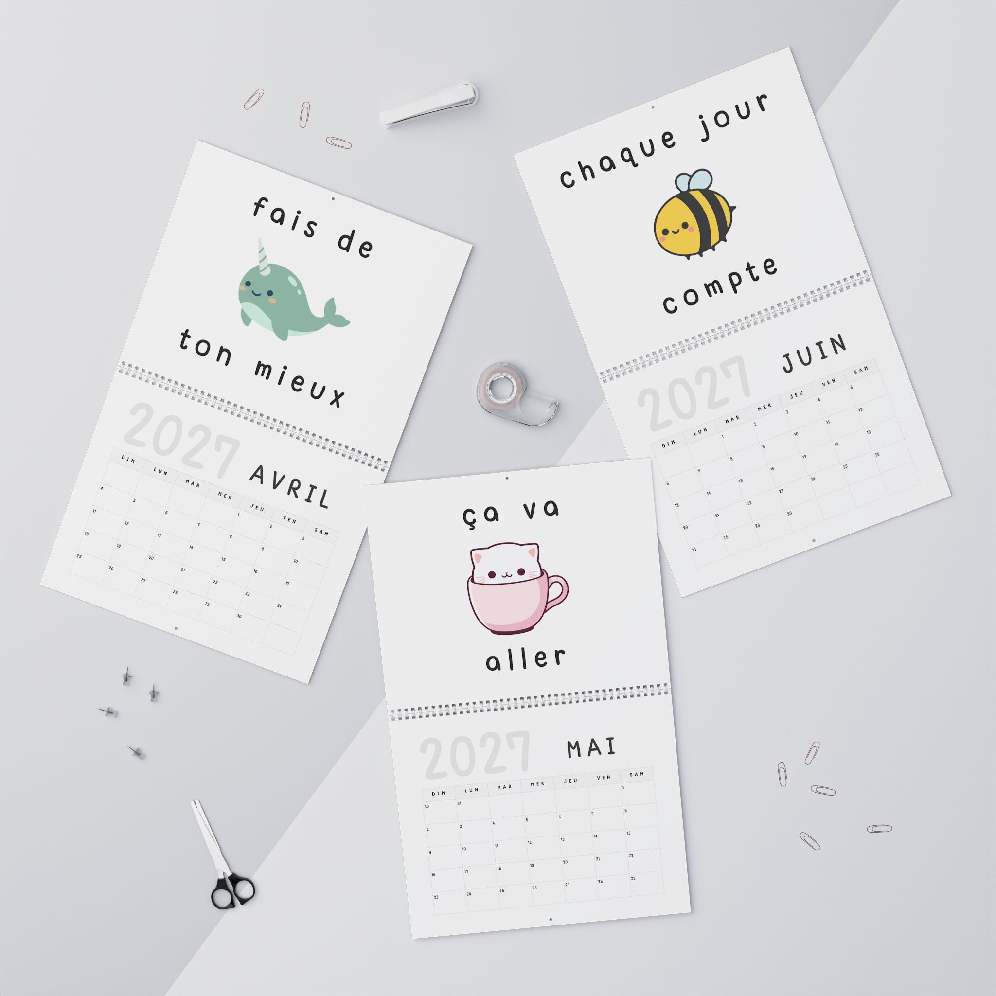 French motivational phrases kawaii Monthly Wall Calendar 2027, Cute Encouragement Calendar