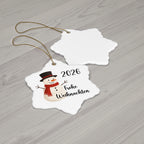 2026 Frohe Weihnachten German Snowman Ceramic Ornament in circle, star, heart, or snowflake