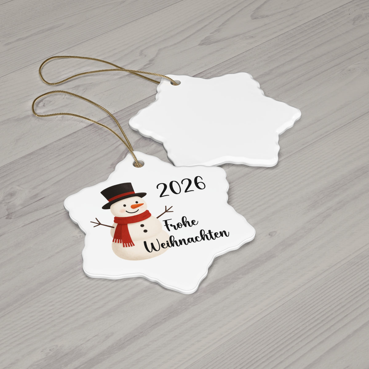 2026 Frohe Weihnachten German Snowman Ceramic Ornament in circle, star, heart, or snowflake