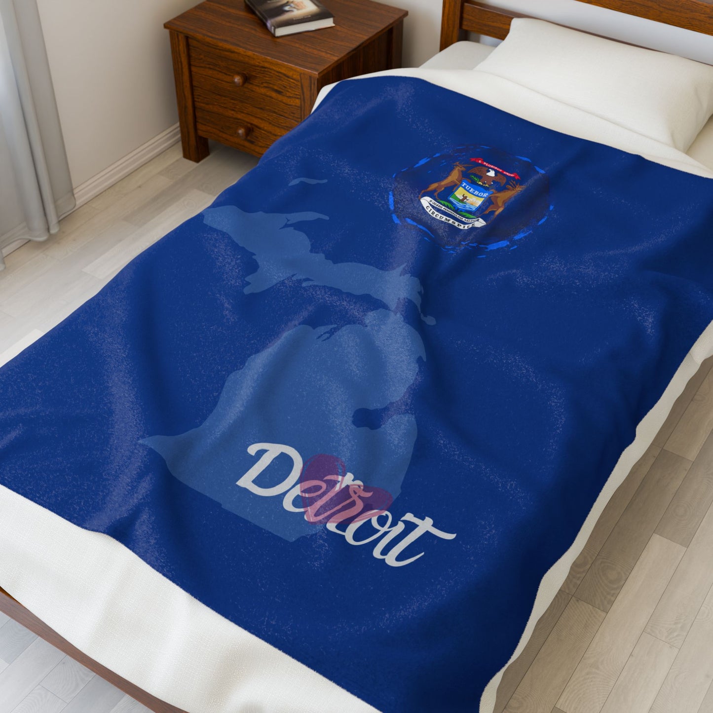 Detroit Michigan Navy Blue City and State Velveteen Plush Blanket
