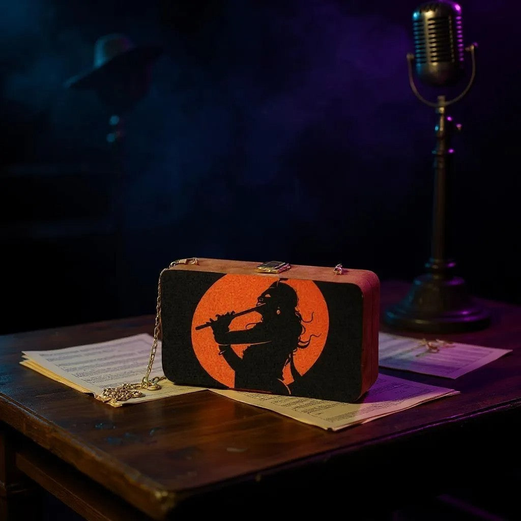 Indian Ethnic Designer Black & Orange Wooden Clutch with Portrait of Lord Krishna with Bansuri in Hand