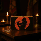 Indian Ethnic Designer Black & Orange Wooden Clutch with Portrait of Lord Krishna with Bansuri in Hand
