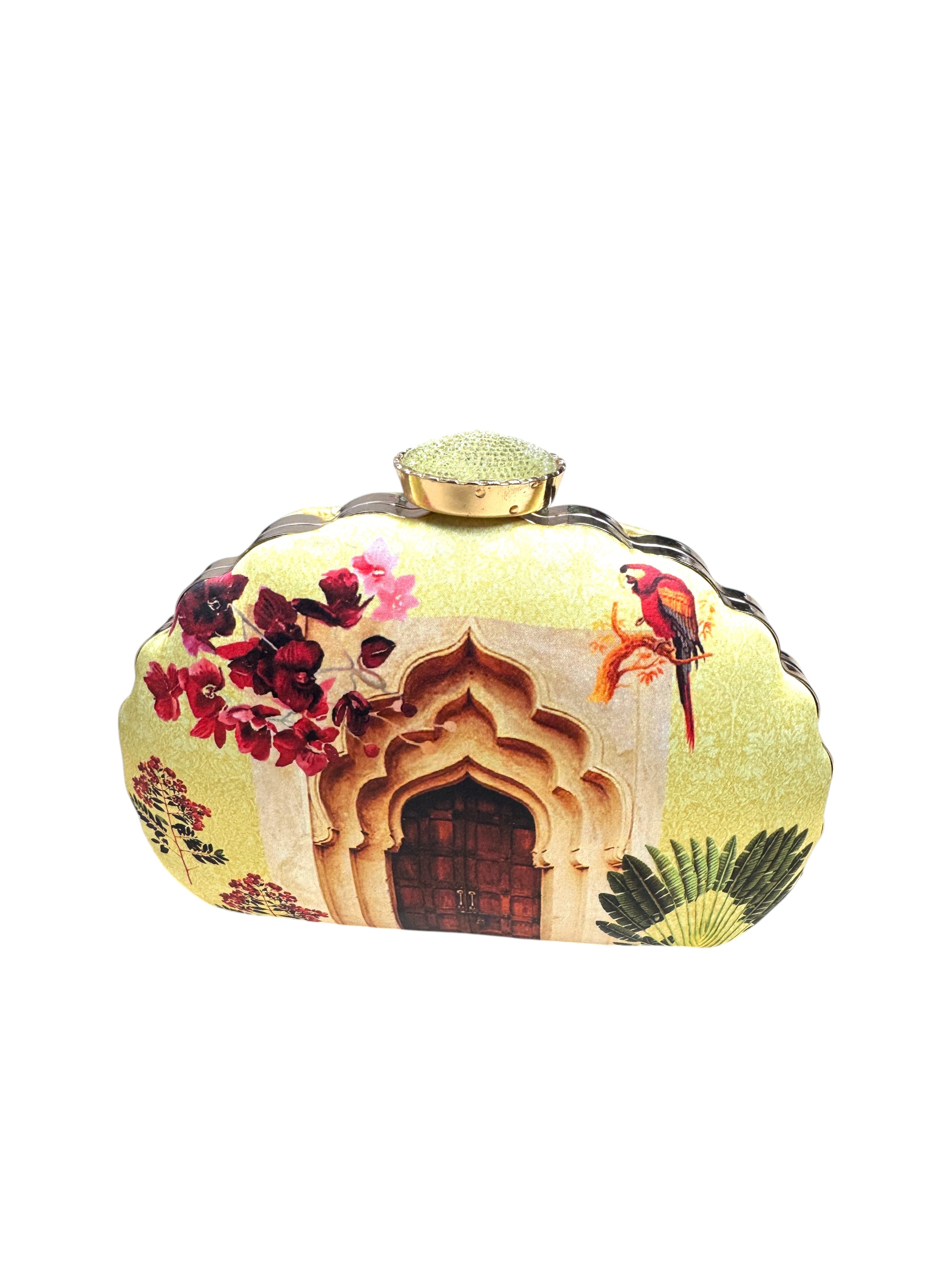 Indian Ethnic Designer Yellow Clutch with Door Print & Unique Shape