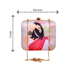 Indian Ethnic Designer Beige Clutch with Portrait of Women with Pink Saree