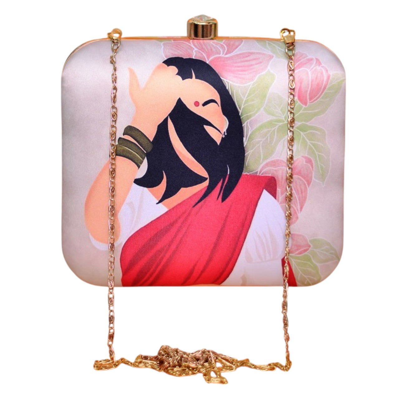 Indian Ethnic Designer Beige Clutch with Portrait of Women with Pink Saree