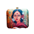 Indian Ethnic Designer Green Leafy Clutch with Portrait of Women Wearing Gajra & Bindi