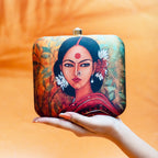 Indian Ethnic Designer Green Leafy Clutch with Portrait of Women Wearing Gajra & Bindi