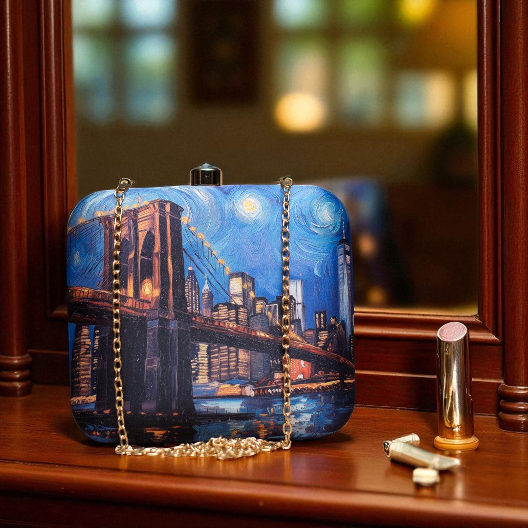 Designer Blue Clutch with NYC Portrait