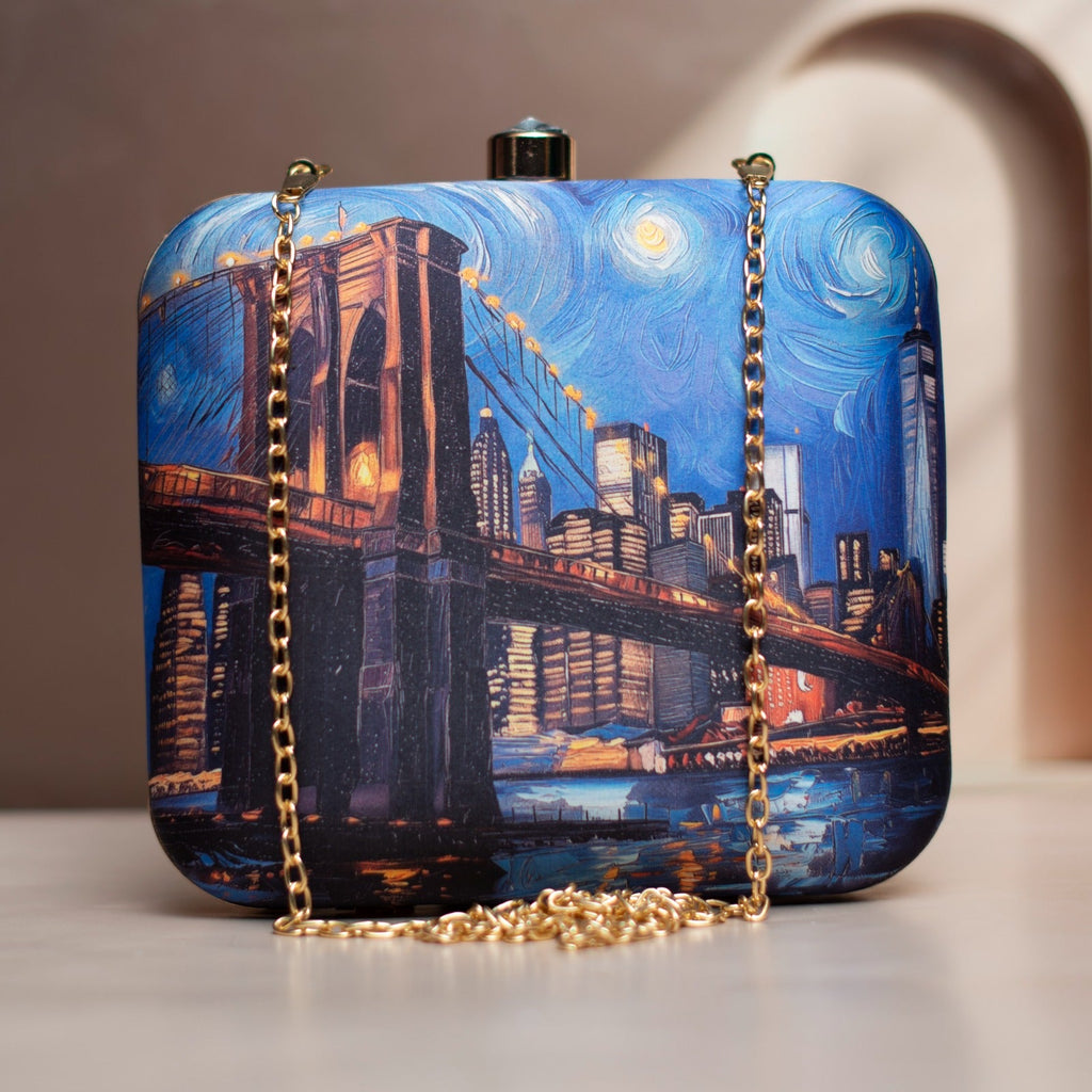 Designer Blue Clutch with NYC Portrait