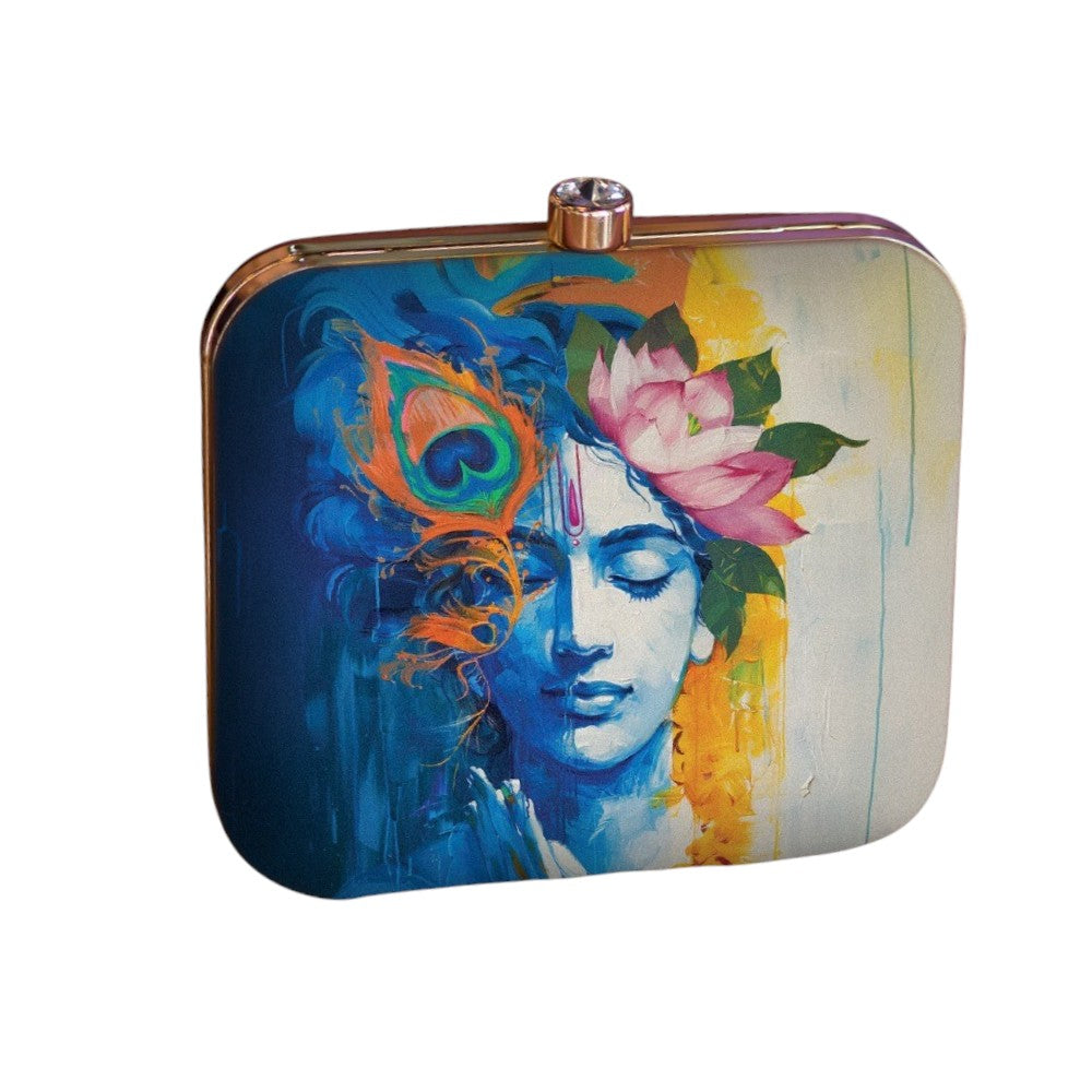 Indian Ethnic Designer Blue & Ivory Clutch with Krishna Portrait