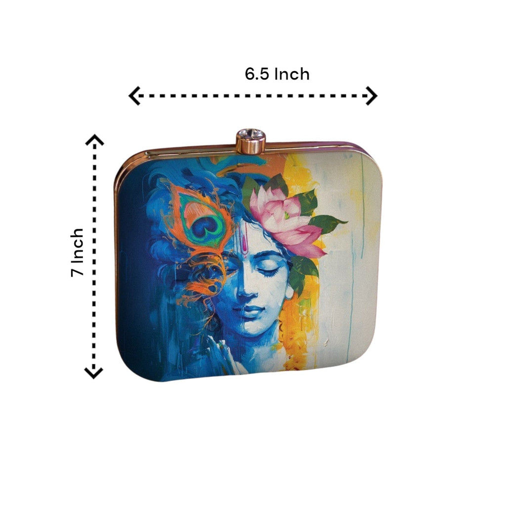 Indian Ethnic Designer Blue & Ivory Clutch with Krishna Portrait