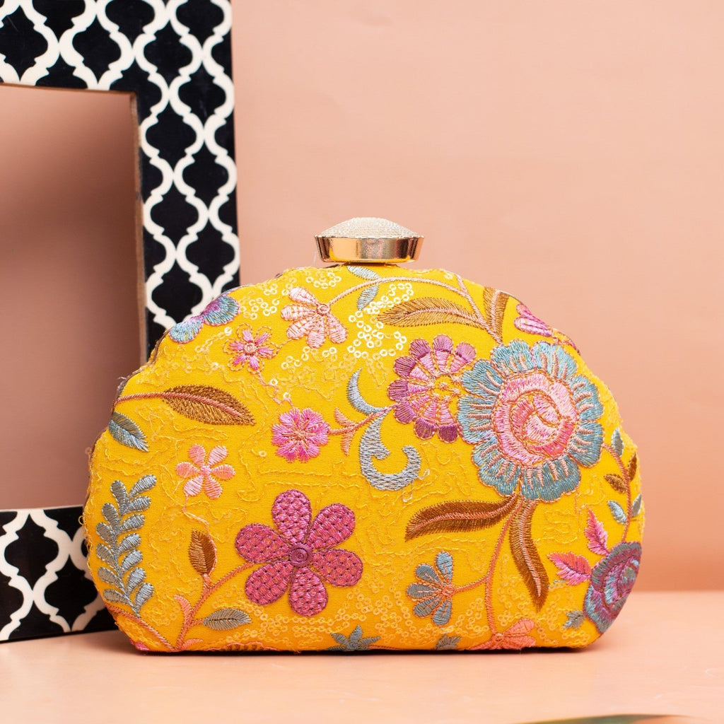 Exclusive Yellow Clutch with Floral Embroidery