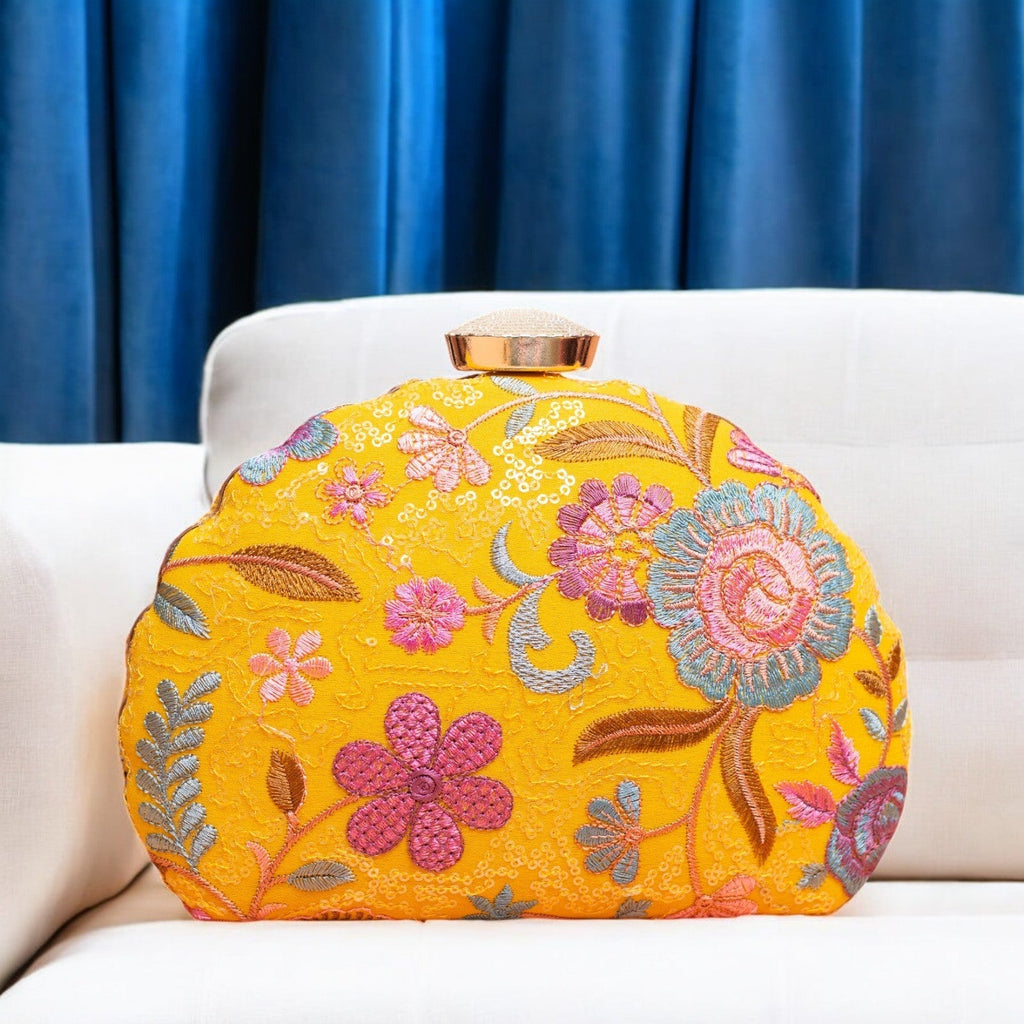 Exclusive Yellow Clutch with Floral Embroidery